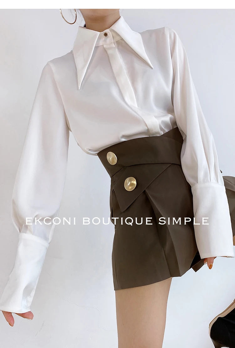 Blusa de mujer elegante de estilo vintage para otoño, ideal para la oficina, con cuello vuelto y mangas largas.