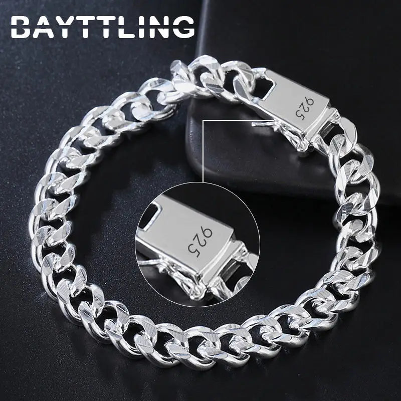 Pulsera BAYTTLING de plata de ley 925, 10 mm, cadena cubana de 8 pulgadas, para hombre y mujer, joyería de moda para fiestas y compromisos.