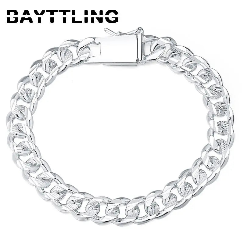 Pulsera BAYTTLING de plata de ley 925, 10 mm, cadena cubana de 8 pulgadas, para hombre y mujer, joyería de moda para fiestas y compromisos.