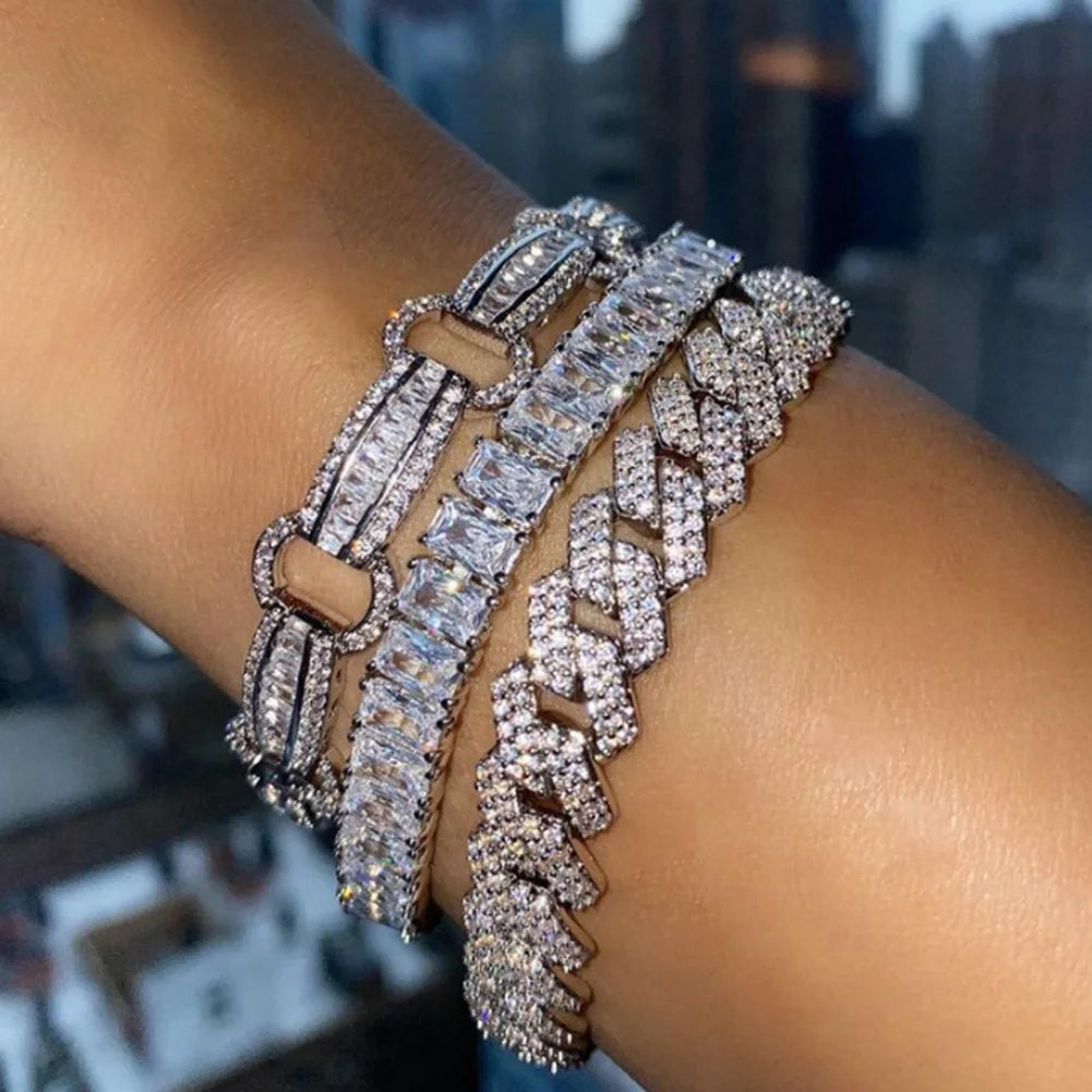 Collar de eslabones cubanos Miami de 14 mm color plata para mujer, con incrustaciones de diamantes de imitación en dos filas, gargantilla cuadrada de eslabones cubanos.
