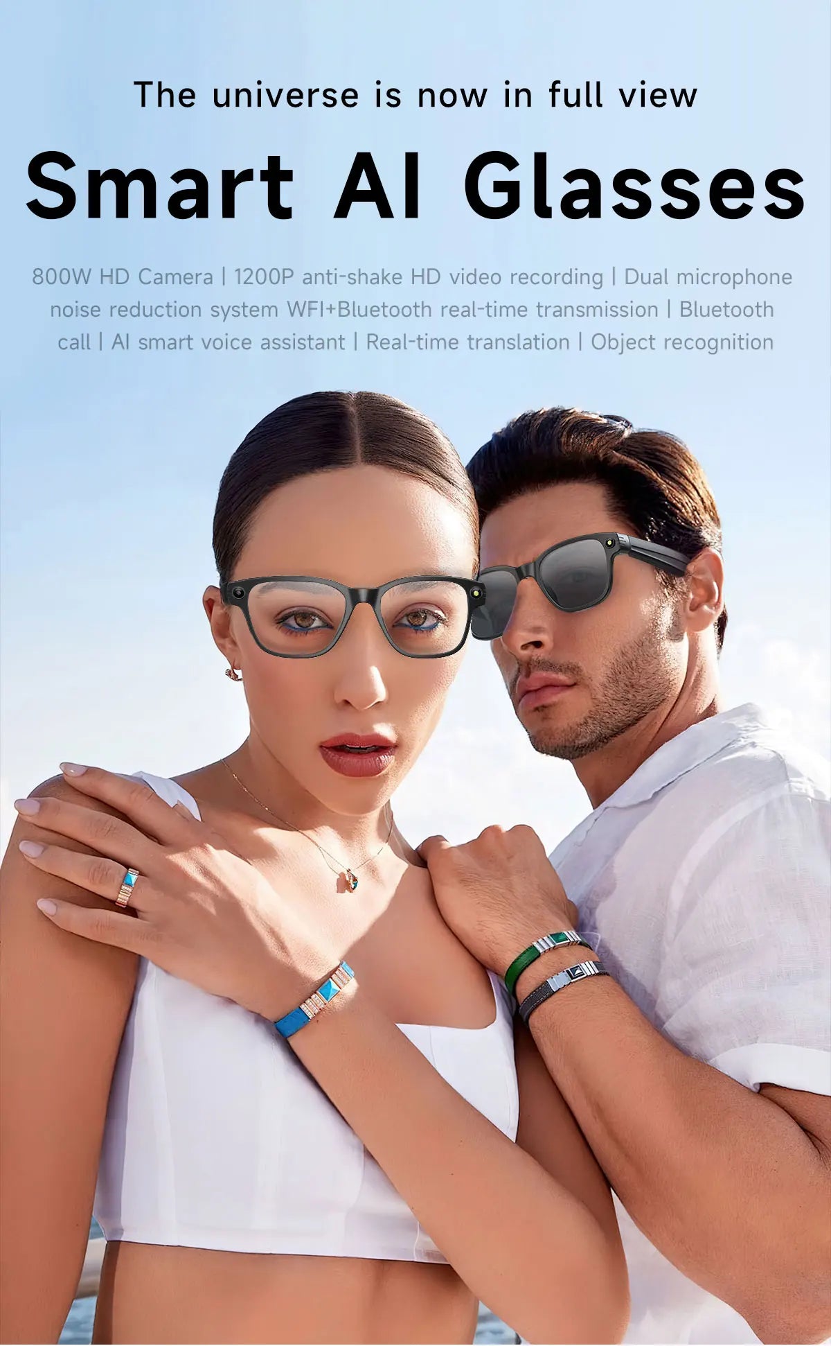 Gafas inteligentes con cámara HD de 8 MP, vídeo HD antivibración de 1200p, asistente de voz inteligente con IA, traducción en tiempo real y reconocimiento de objetos.
