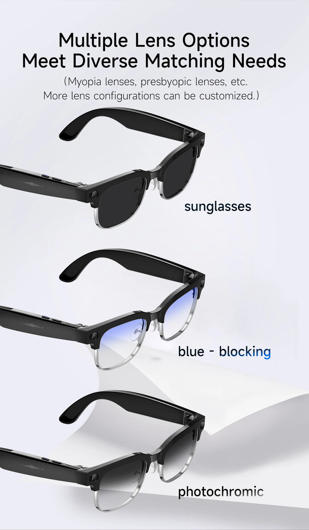 Gafas inteligentes con IA, Bluetooth, 8MP, resistentes al agua (IP66), grabación de video, reconocimiento de fotos y traducción, batería de 290 mAh. Gafas para uso diario.