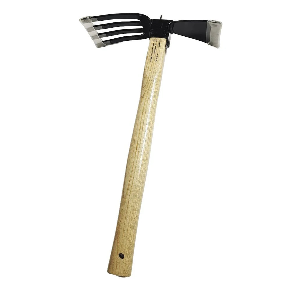 Rastrillo de mano para jardín con mango de madera, azada de doble propósito, azada y cultivador para cavar, desherbar, jardinería y cultivo.
