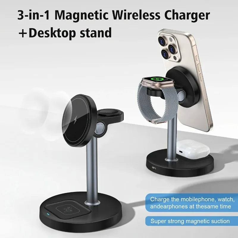 Estación de carga inalámbrica magnética 3 en 1 de 15 W para MagSafe iPhone 17 16 15 14 13 iWatch 10/9/8/7/6 AirPods Pro Cargador rápido de viaje