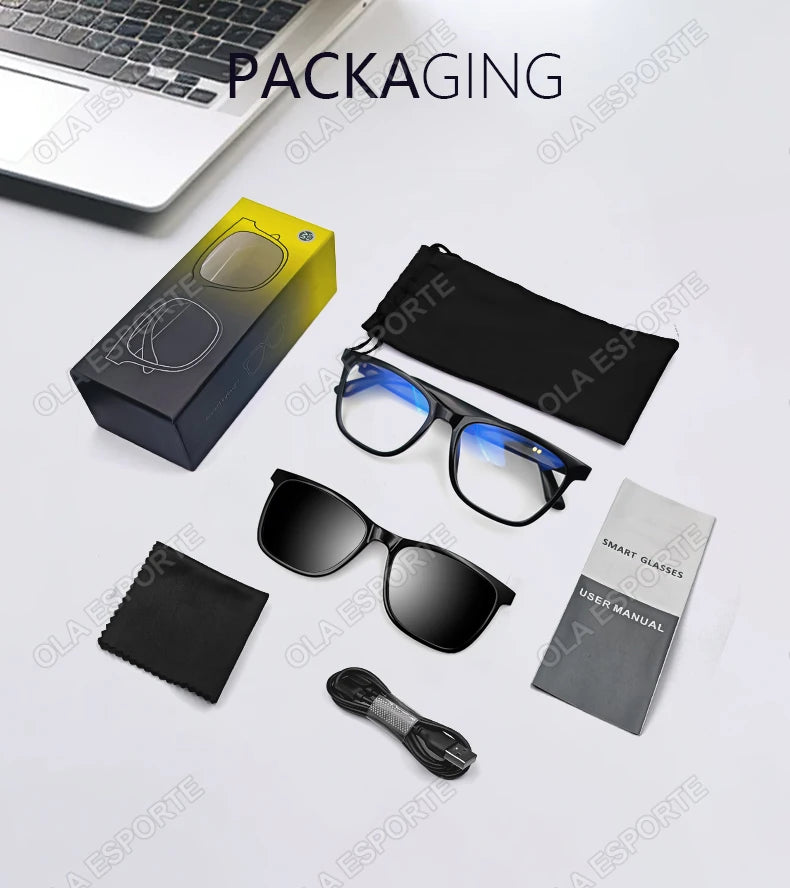 Gafas inteligentes Hot GS05 para hombre 2 en 1 con protección UV, portátiles, polarizadas, con filtro de luz azul, montura negra y lentes blancas. Gafas de sol con función de música.