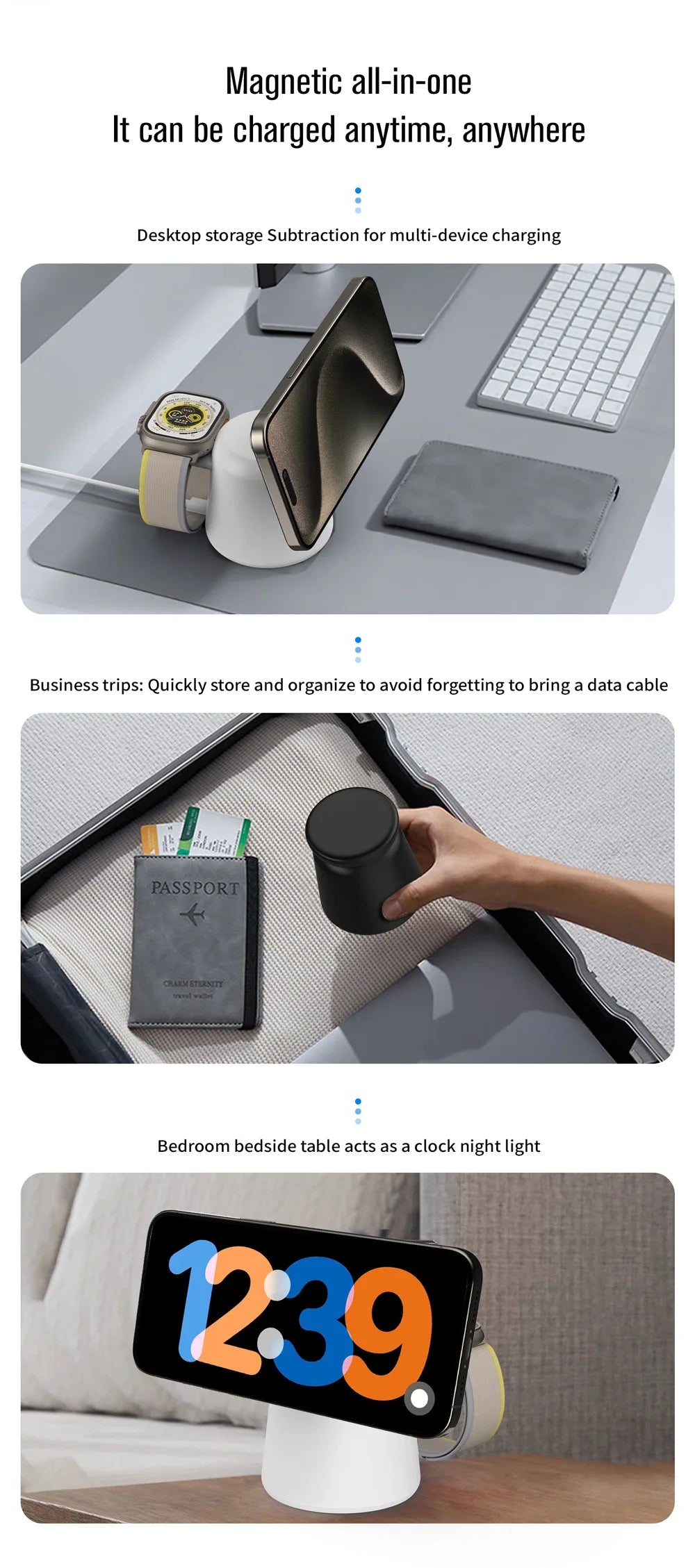 Soporte cargador inalámbrico magnético plegable 3 en 1 para iPhone 15, 14, 13, 12 Pro Max, AirPods, Apple Watch 9, 8, 7 y 6. Base de carga rápida.