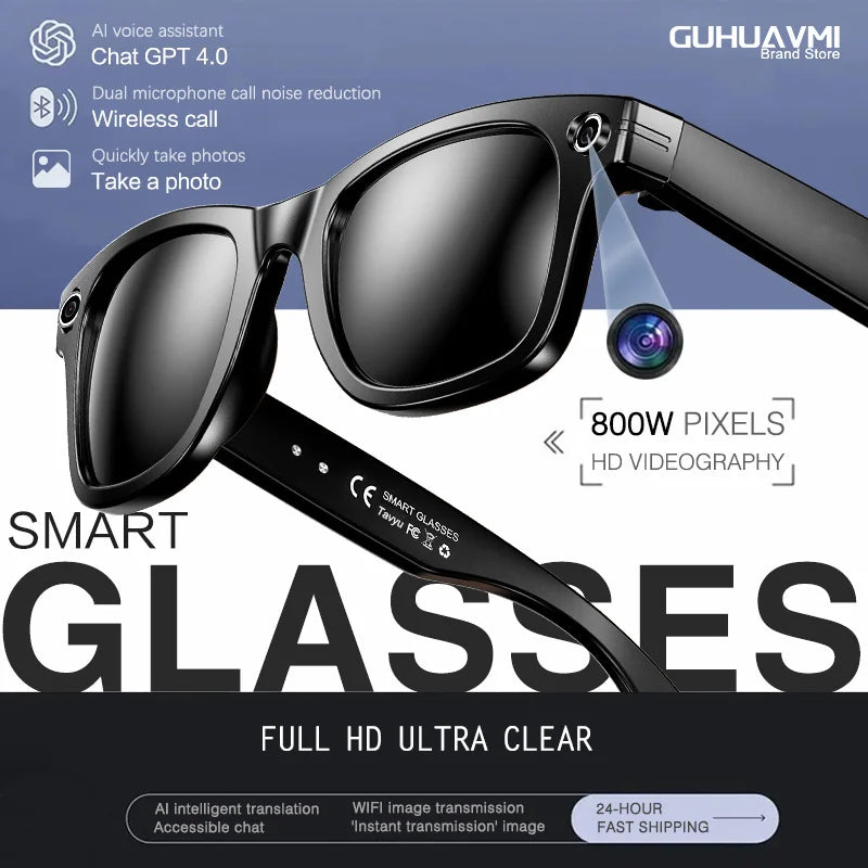 Gafas inteligentes 2026 con cámara de 8 MP, grabación de video, reconocimiento fotográfico por IA, llamadas Bluetooth y traducción de voz. Gafas de sol para hombre y mujer