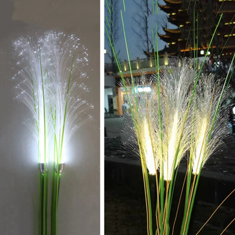 Luces solares para jardín y paisaje, lámpara de césped con efecto de flor de junco, lámpara de fibra óptica para exteriores e iluminación impermeable para caminos.
