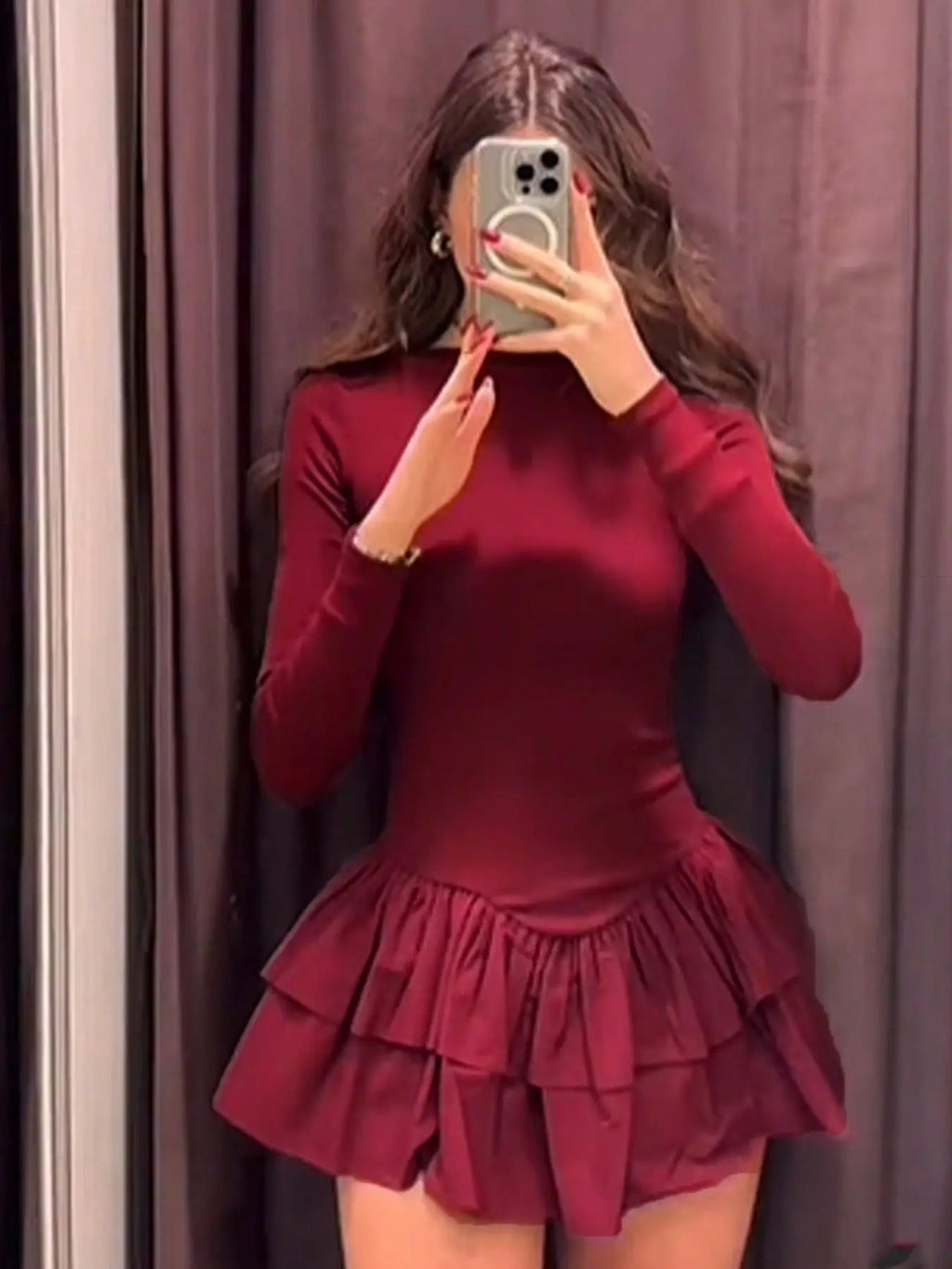 Vestido de mujer liso con volantes escalonados, corte A, elegante, cuello redondo, ajustado, minivestido, otoño, manga larga, sencillo, estilo boho.