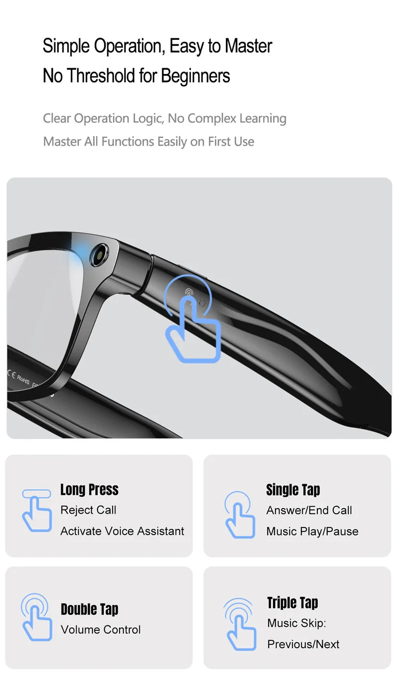 Gafas inteligentes 4K HD con IA, fotocromáticas, multifunción, Bluetooth, llamadas, asistente de voz, reproductor de música, traductor y cámara.