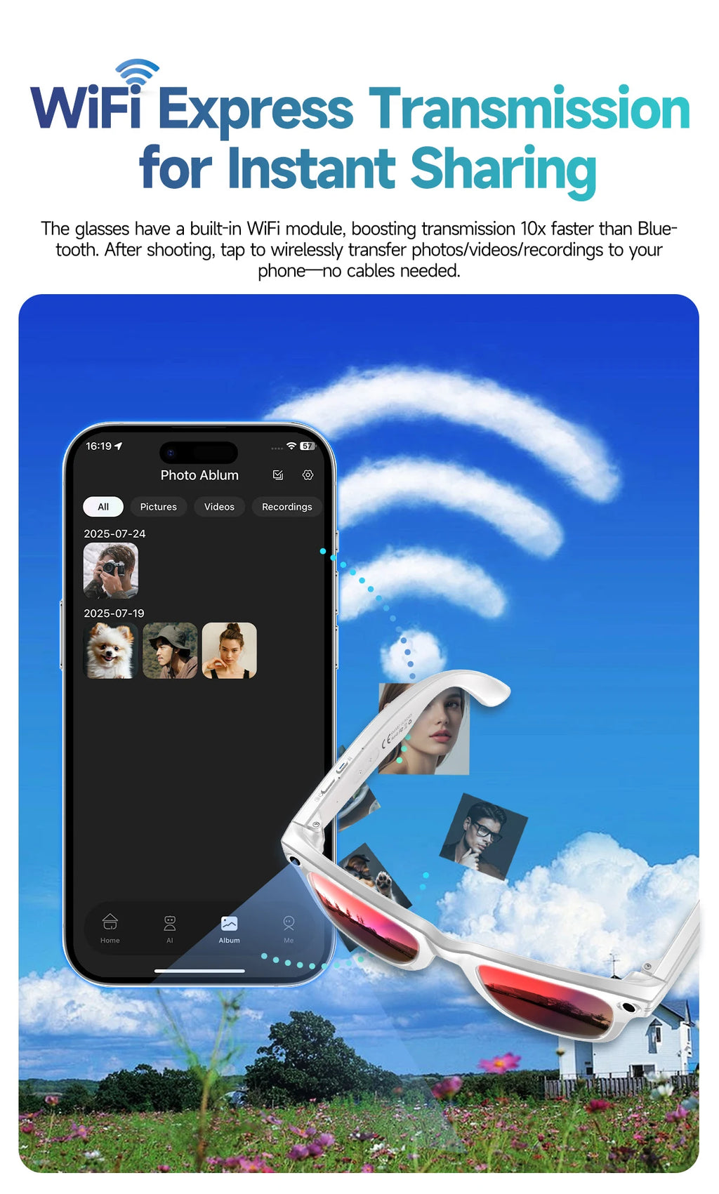 Gafas inteligentes 2026 con cámara de 8 MP, grabación de video, reconocimiento fotográfico por IA, llamadas Bluetooth y traducción de voz. Gafas de sol para hombre y mujer