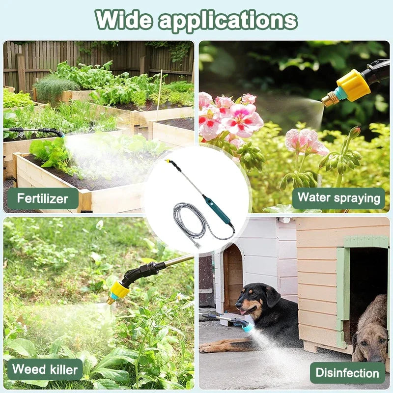 Pulverizador eléctrico portátil de 2400 mAh con 3 boquillas de niebla para riego de plantas y jardines.