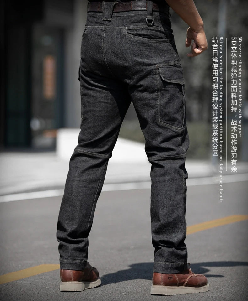 Pantalones vaqueros tácticos para hombre, estilo militar, de mezclilla, cargo, con múltiples bolsillos, elásticos, informales, para trabajo, entrenamiento y senderismo al aire libre.