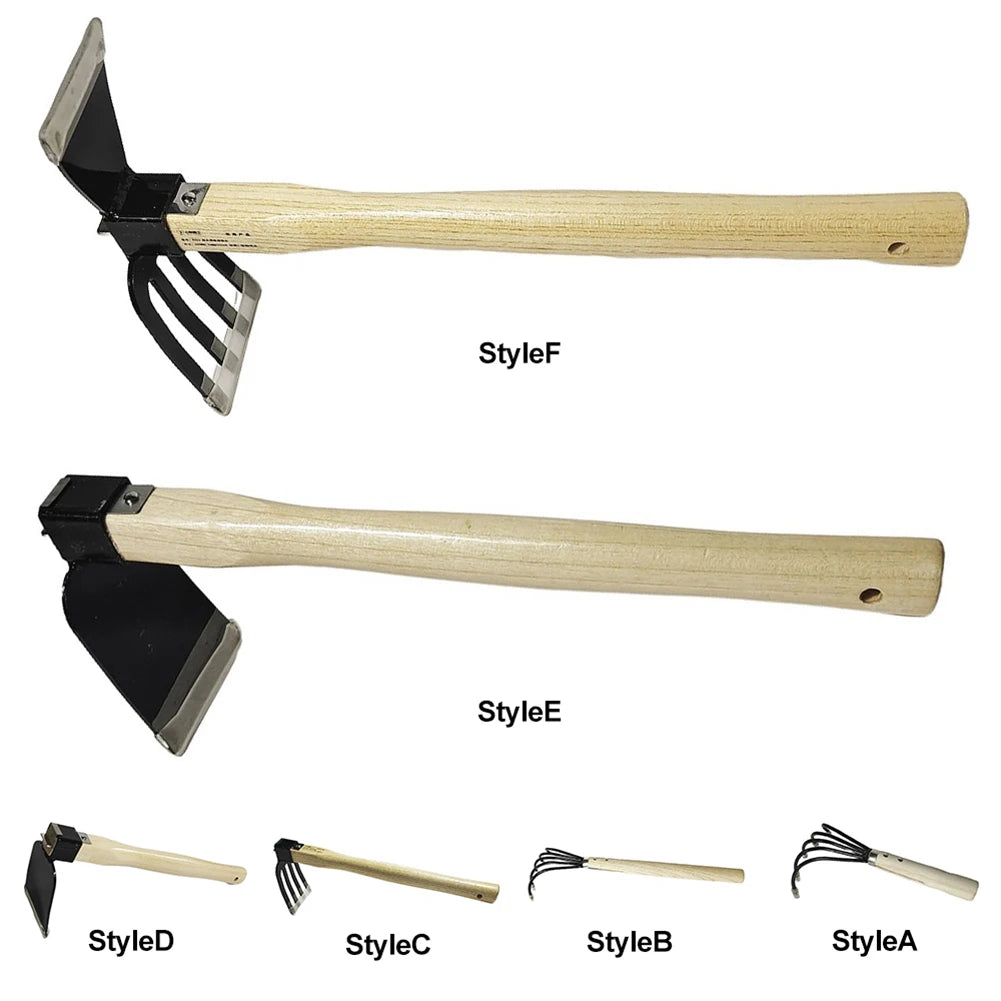 Rastrillo de mano para jardín con mango de madera, azada de doble propósito, azada y cultivador para cavar, desherbar, jardinería y cultivo.