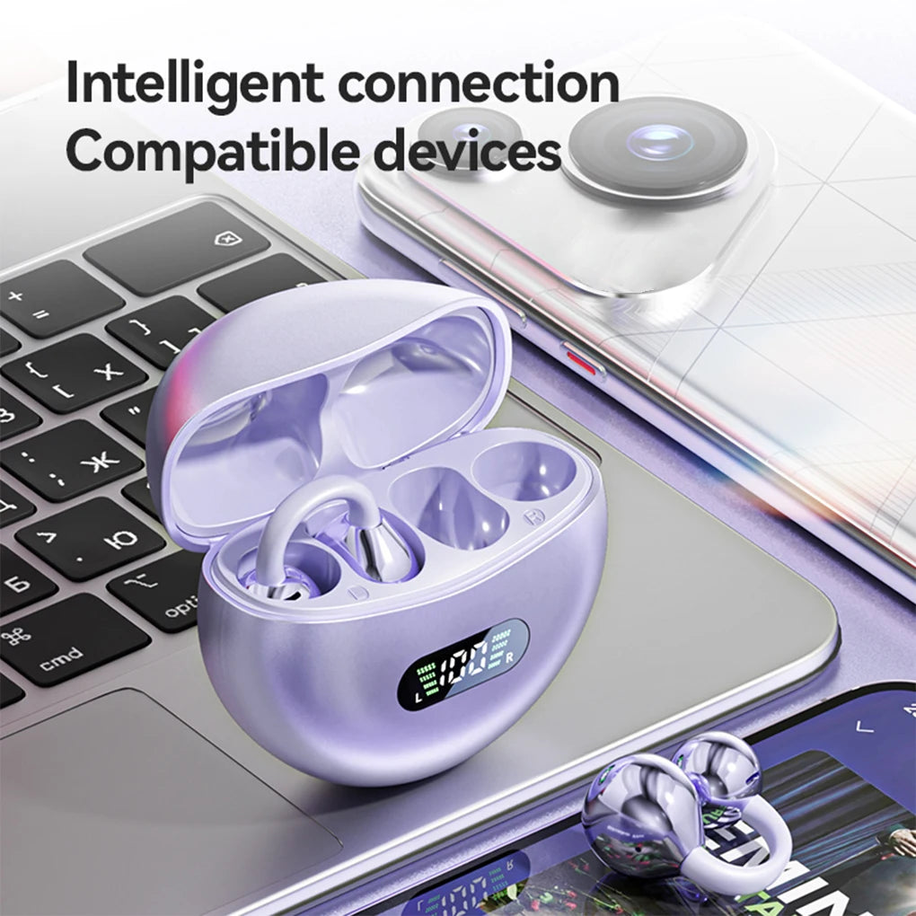 Auriculares de conducción ósea Bluetooth 5.4, auriculares con clip para la oreja, cómodos, deportivos, con pantalla digital.
