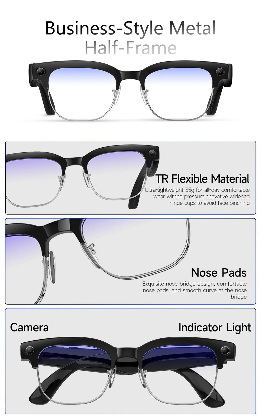 Gafas inteligentes con IA, Bluetooth, 8MP, resistentes al agua (IP66), grabación de video, reconocimiento de fotos y traducción, batería de 290 mAh. Gafas para uso diario.