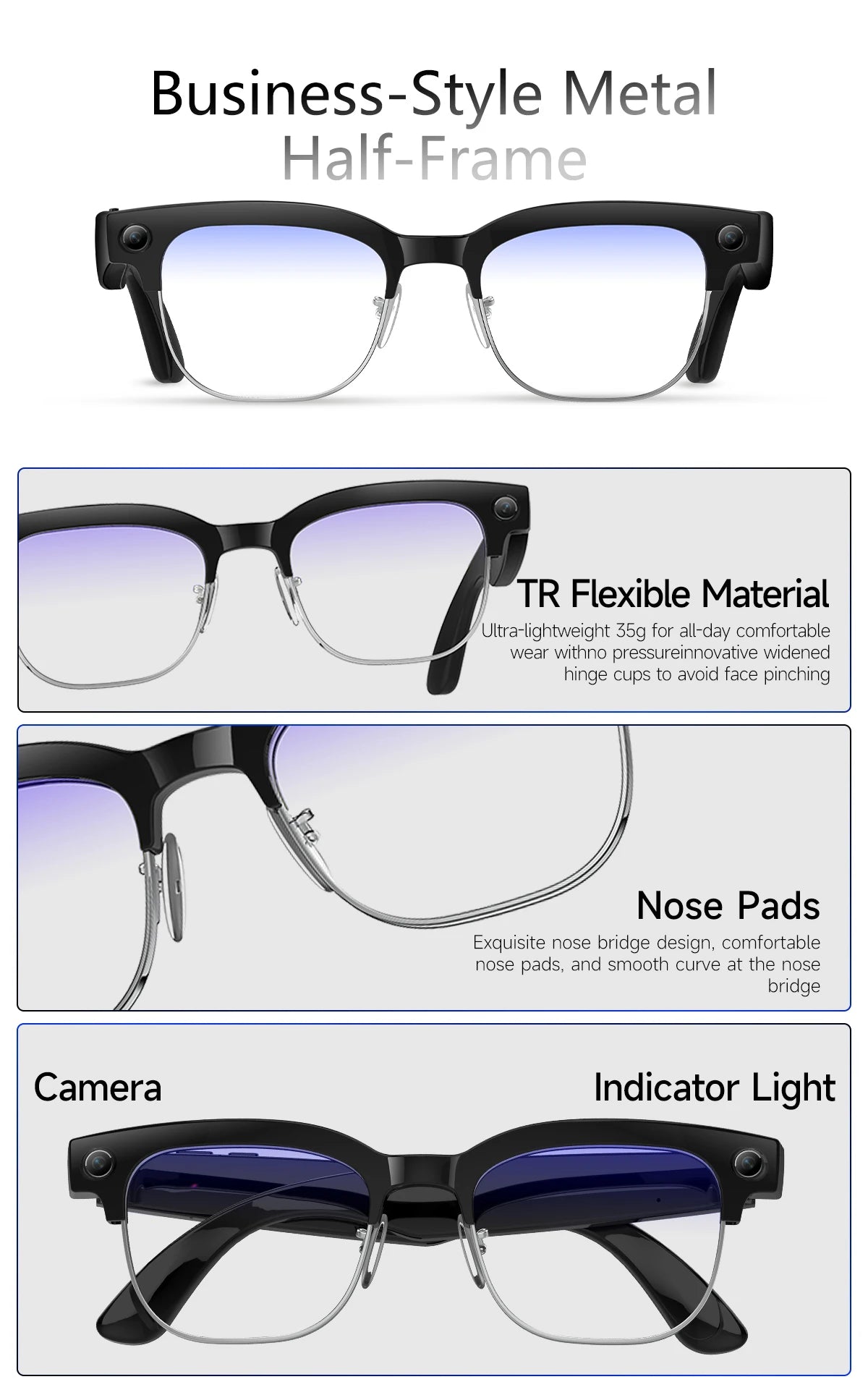 Gafas inteligentes con IA, Bluetooth, 8MP, resistentes al agua (IP66), grabación de video, reconocimiento de fotos y traducción, batería de 290 mAh. Gafas para uso diario.
