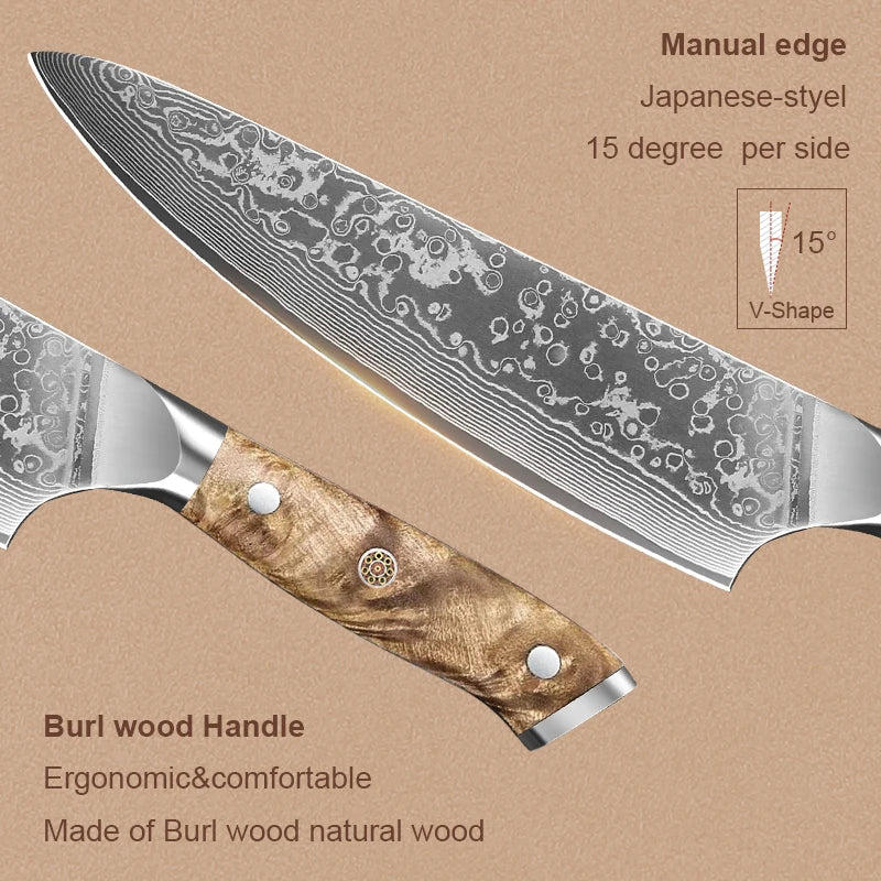 Cuchillo de chef profesional de 8 pulgadas, hecho a mano en acero de Damasco japonés, con mango de madera de raíz natural, ideal para cortar carne y verduras