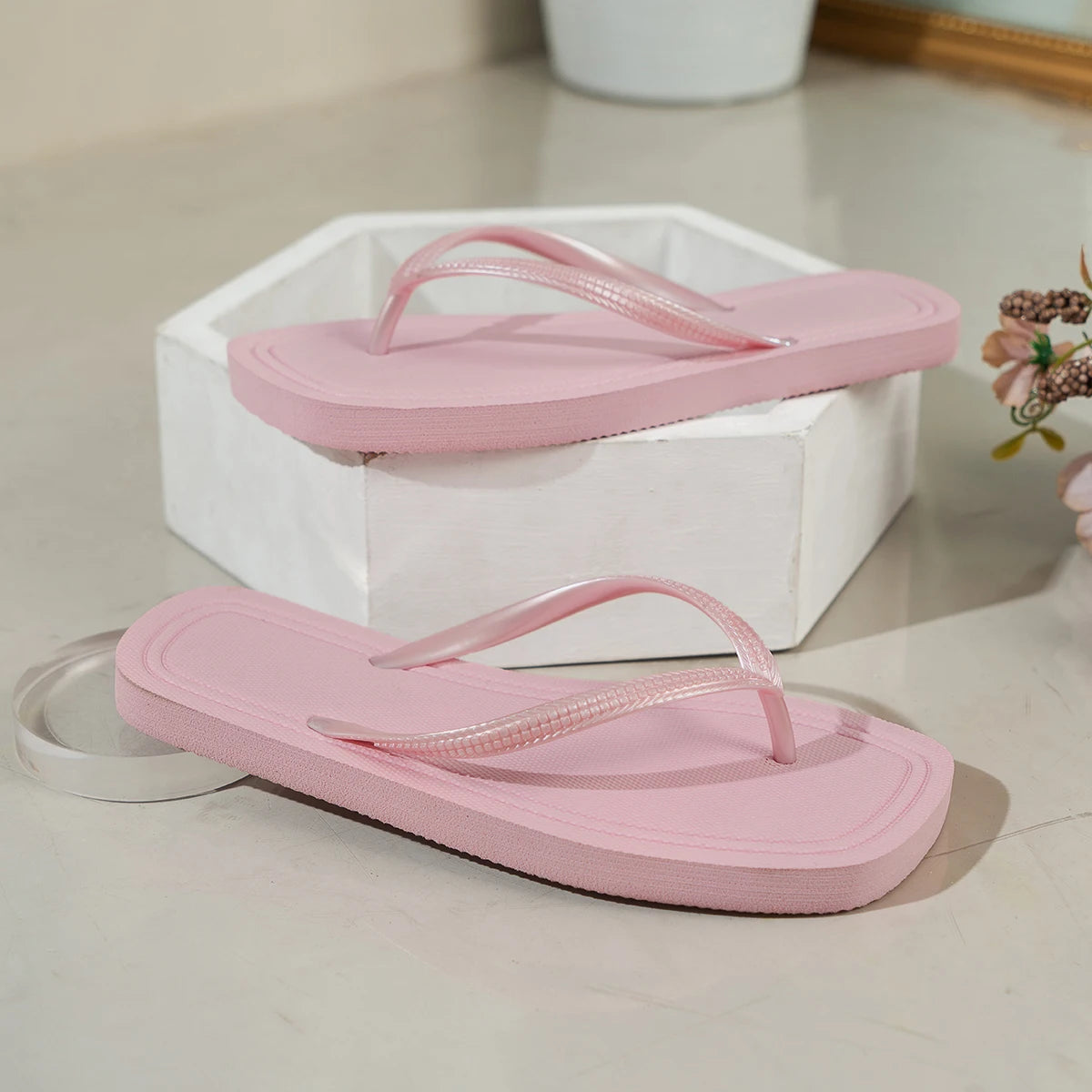 Chanclas de verano para mujer, casuales, de color liso, cómodas, antideslizantes, ligeras, para interior y exterior, playa, con punta cuadrada, sandalias planas de EVA.