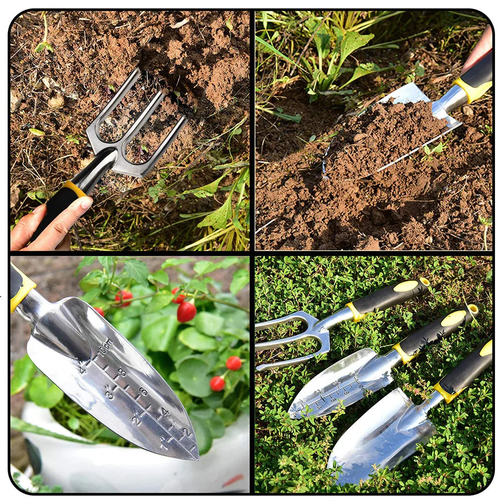 Juego de herramientas de jardinería de 4 piezas con paleta, rastrillo cultivador, paleta de trasplante y guantes de jardinería para desherbar y aflojar la tierra.