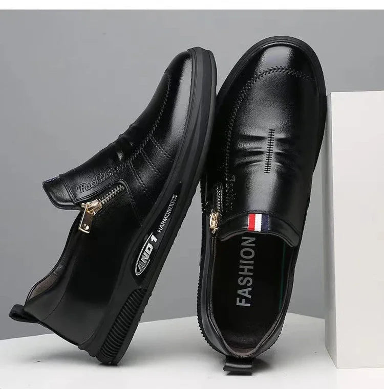 Zapatos casuales de cuero para hombre, mocasines con cremallera, zapatillas de marca de lujo para hombre, cómodos, casuales, mocasines, zapatos para conducir al aire libre.