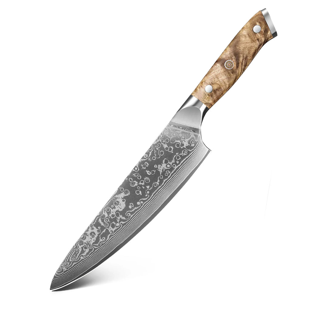 Cuchillo de chef profesional de 8 pulgadas, hecho a mano en acero de Damasco japonés, con mango de madera de raíz natural, ideal para cortar carne y verduras