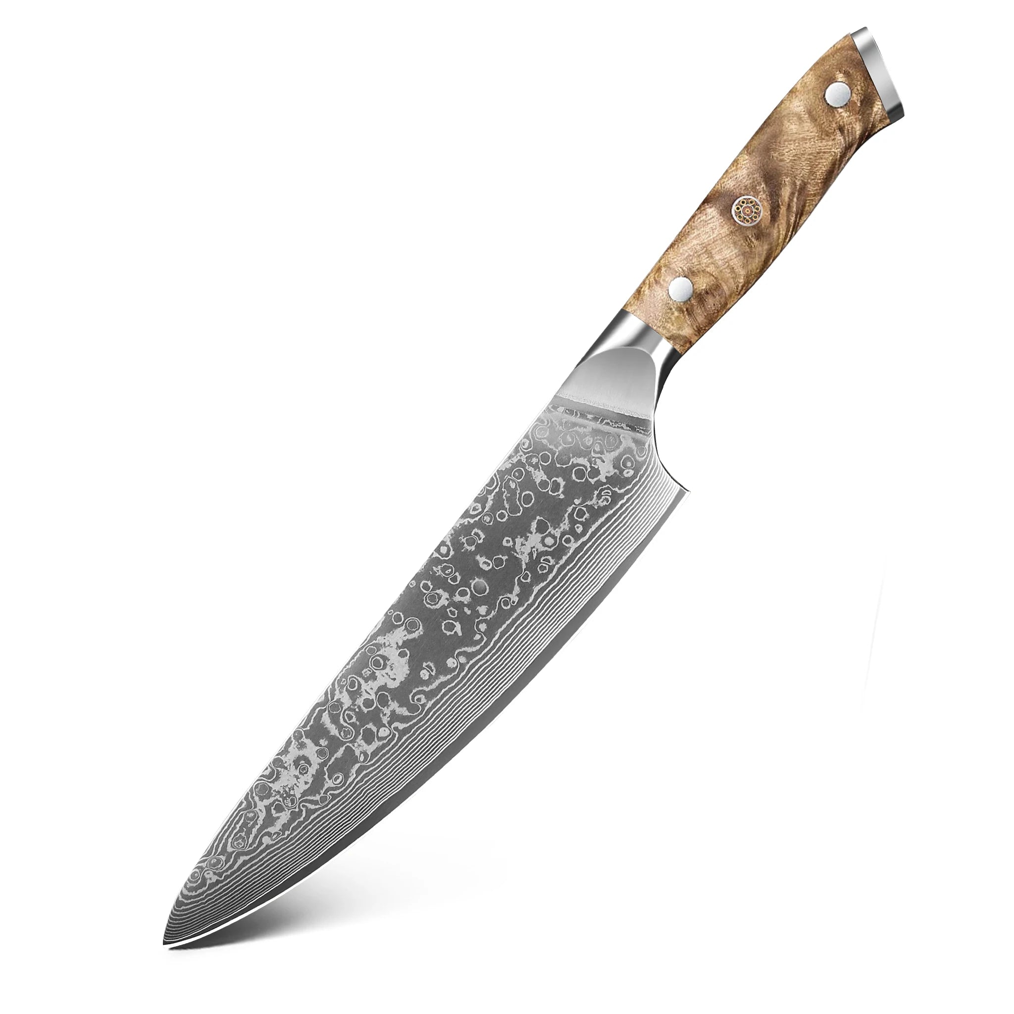 Cuchillo de chef profesional de 8 pulgadas, hecho a mano en acero de Damasco japonés, con mango de madera de raíz natural, ideal para cortar carne y verduras