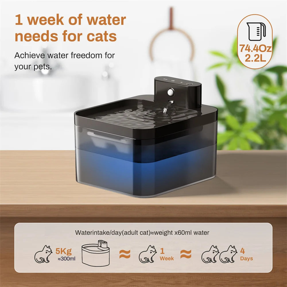 Fuente de agua automática para gatos, dispensador de agua inalámbrico para mascotas (perro y gato), sensor infrarrojo de 2,2 L, accesorios para bebederos inteligentes para mascotas.