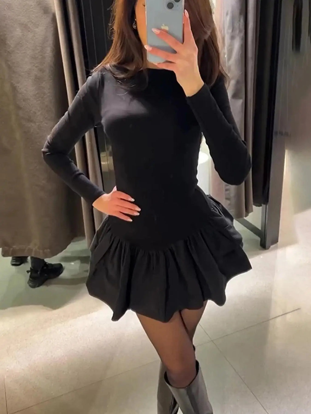 Vestido de mujer liso con volantes escalonados, corte A, elegante, cuello redondo, ajustado, minivestido, otoño, manga larga, sencillo, estilo boho.