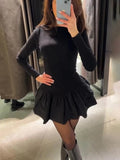 Vestido de mujer liso con volantes escalonados, corte A, elegante, cuello redondo, ajustado, minivestido, otoño, manga larga, sencillo, estilo boho.