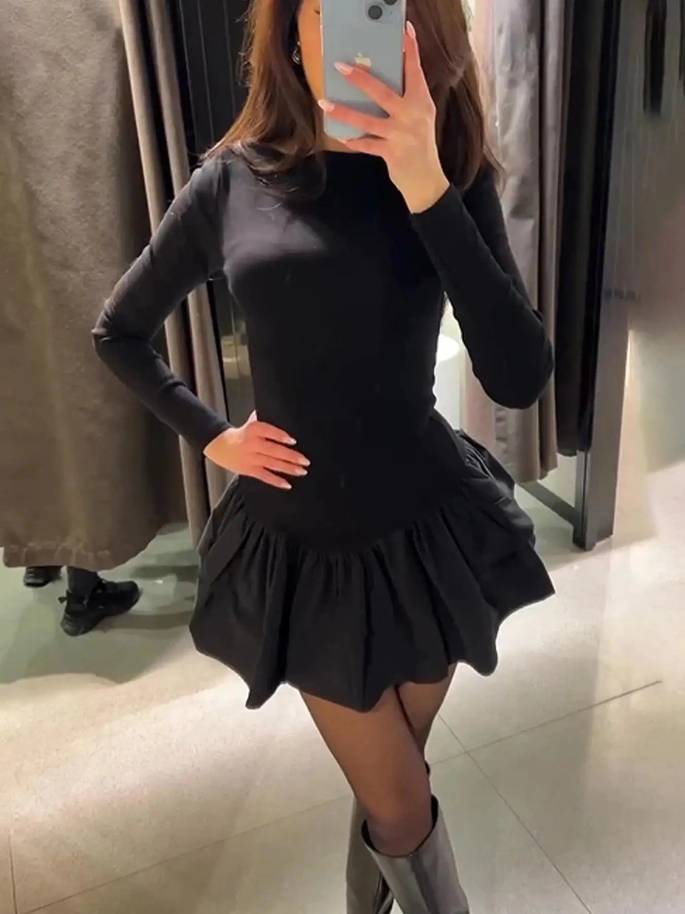 Vestido de mujer liso con volantes escalonados, corte A, elegante, cuello redondo, ajustado, minivestido, otoño, manga larga, sencillo, estilo boho.