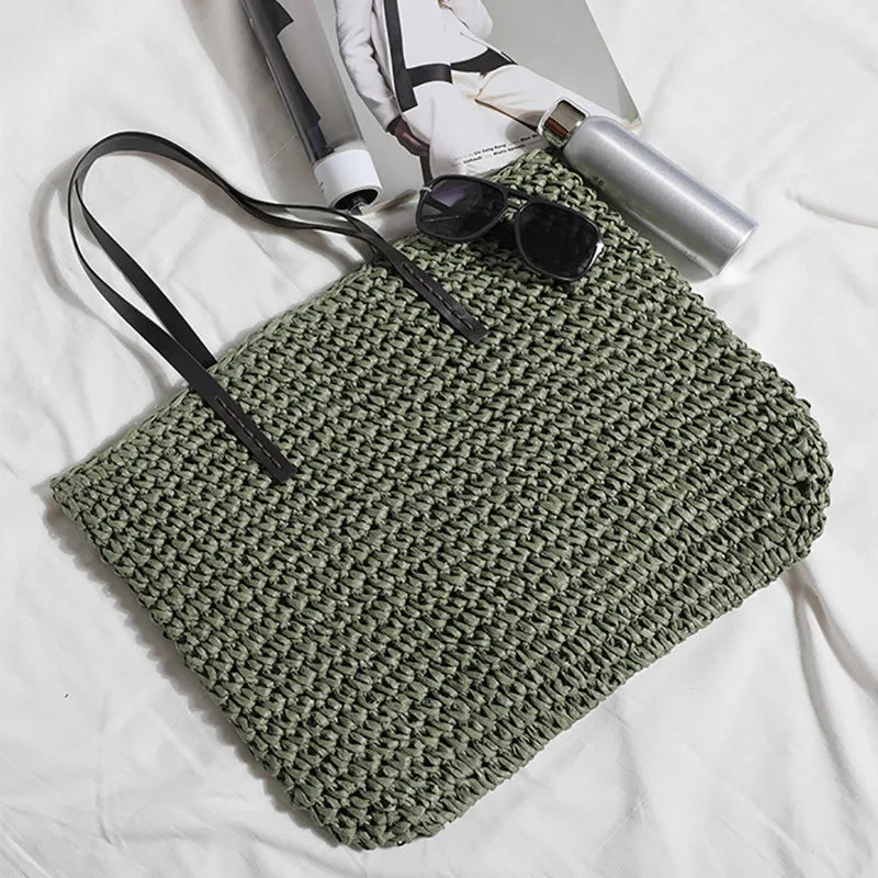 Bolso de mano para mujer, bolso de playa de verano, ratán tejido a mano, paja tejida, gran capacidad, bolsos de mano de cuero para mujer, bolso de hombro bohemio nuevo