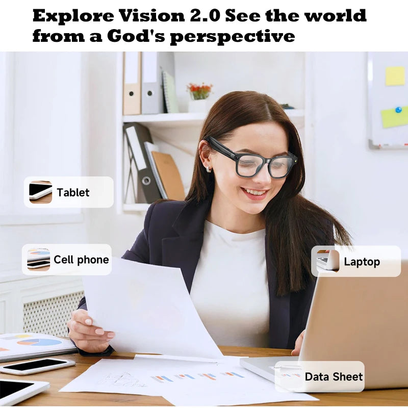 Gafas inteligentes con cámara HD de 8 MP, vídeo HD antivibración de 1200p, asistente de voz inteligente con IA, traducción en tiempo real y reconocimiento de objetos.