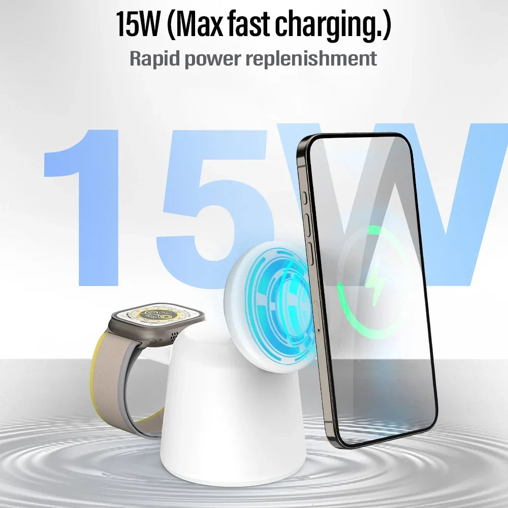 Soporte cargador inalámbrico magnético plegable 3 en 1 para iPhone 15, 14, 13, 12 Pro Max, AirPods, Apple Watch 9, 8, 7 y 6. Base de carga rápida.