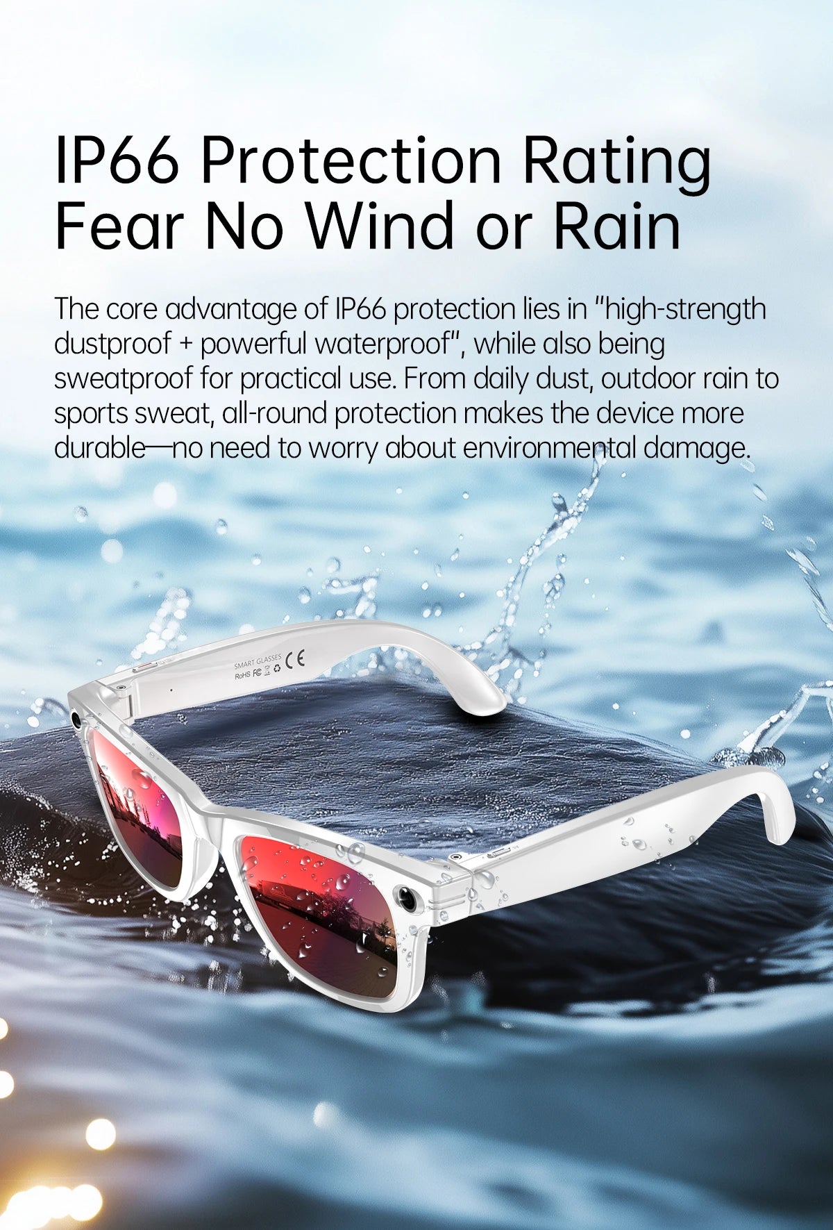Gafas inteligentes con IA, 5 millones de píxeles, grabación de vídeo, reconocimiento fotográfico, traducción de respuestas, batería de 290 mAh, resistencia al agua IP66, Bluetooth.