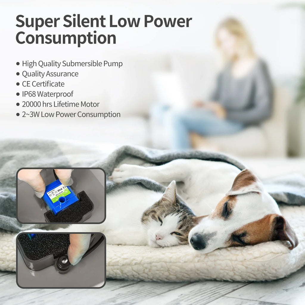 Fuente de agua ultra silenciosa para mascotas de 2 litros (67 oz) con iluminación LED y filtro automático de carbón activado. Dispensador de agua silencioso para gatos y perros pequeños