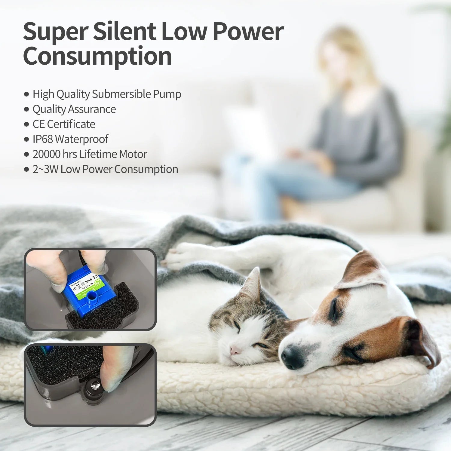 Fuente de agua ultra silenciosa para mascotas de 2 litros (67 oz) con iluminación LED y filtro automático de carbón activado. Dispensador de agua silencioso para gatos y perros pequeños