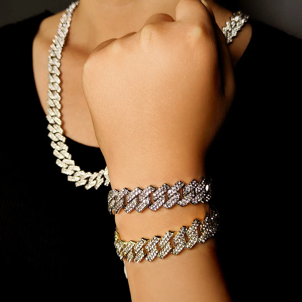 Collar de eslabones cubanos Miami de 14 mm color plata para mujer, con incrustaciones de diamantes de imitación en dos filas, gargantilla cuadrada de eslabones cubanos.