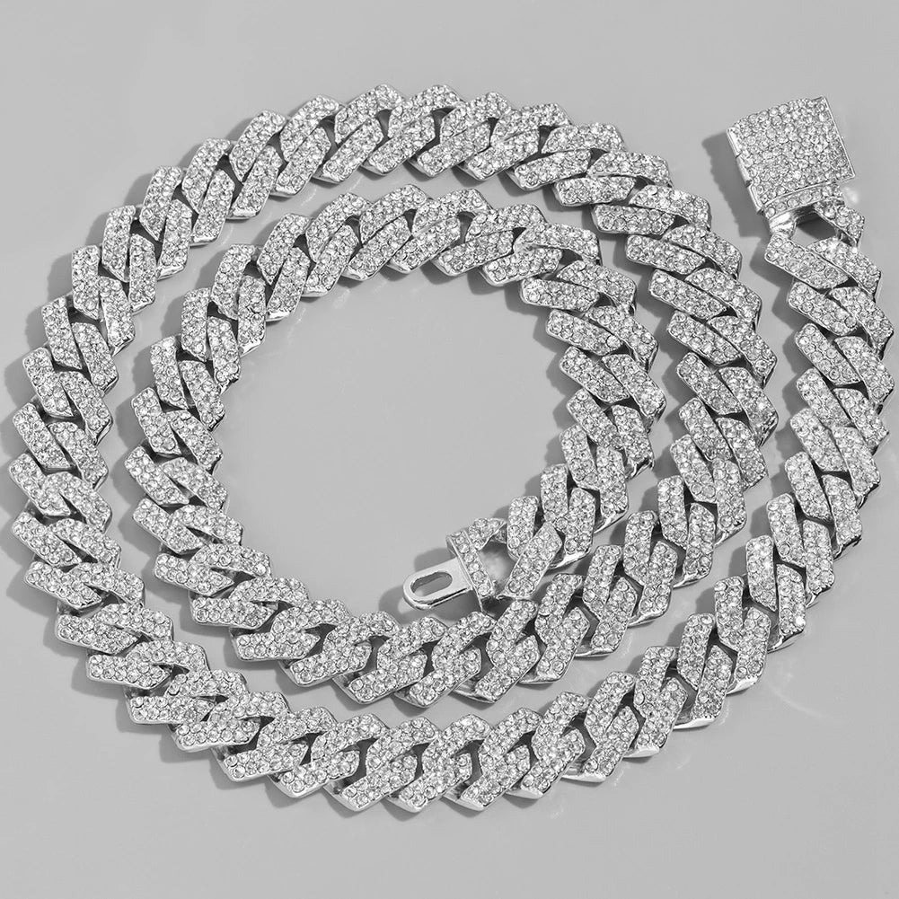 Collar de eslabones cubanos Miami de 14 mm color plata para mujer, con incrustaciones de diamantes de imitación en dos filas, gargantilla cuadrada de eslabones cubanos.