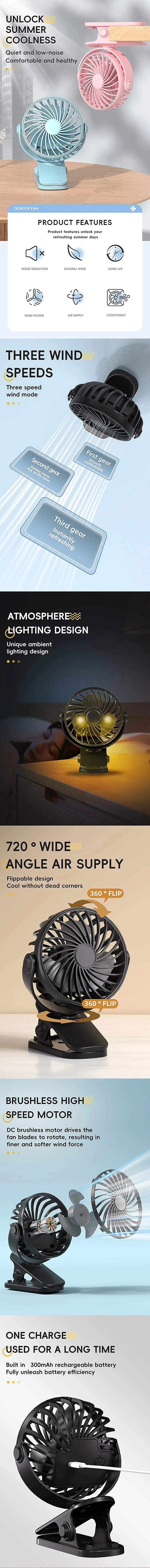 Ventilador recargable giratorio de 720° con clip para colgar y luz nocturna para facilitar su transporte. Ideal para oficina, dormitorio, residencia estudiantil y exteriores. Ventilador pequeño.