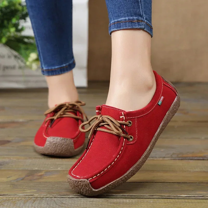 Zapatos casuales de mujer de nueva colección 2025: bailarinas de ante y piel, mocasines con cordones, zapatos de moda para mujer, tallas grandes 35-42.