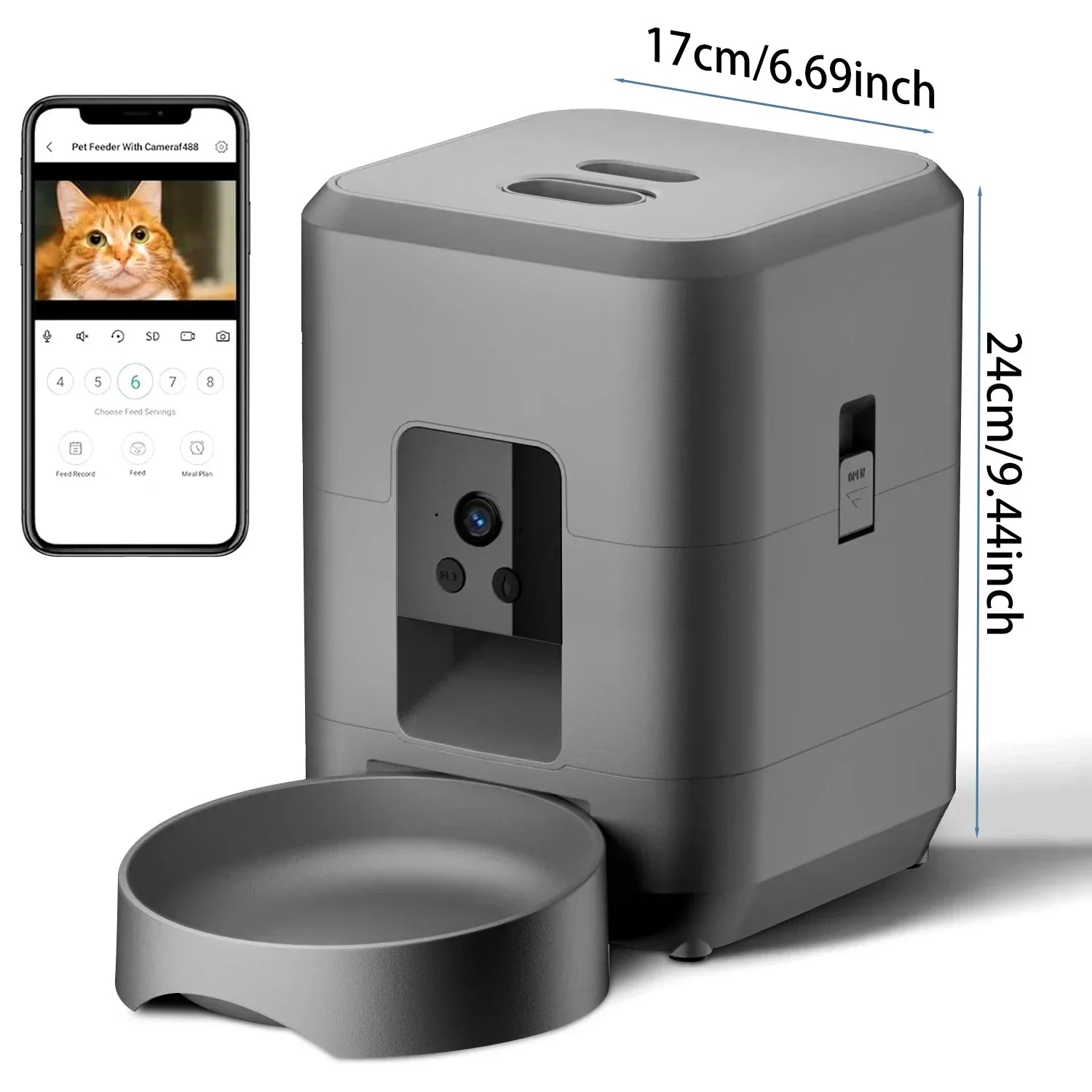 Comedero automático inteligente para mascotas de 2 litros con Wi-Fi y cámara HD 1080P, control por aplicación para alimentar a perros y gatos a distancia.
