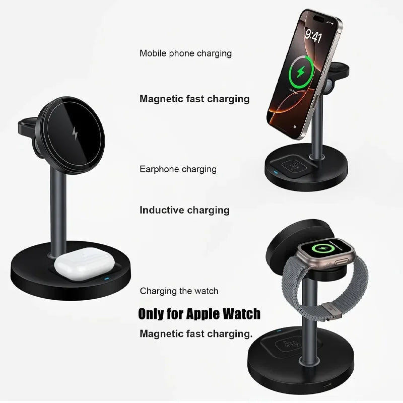Estación de carga inalámbrica magnética 3 en 1 de 15 W para MagSafe iPhone 17 16 15 14 13 iWatch 10/9/8/7/6 AirPods Pro Cargador rápido de viaje