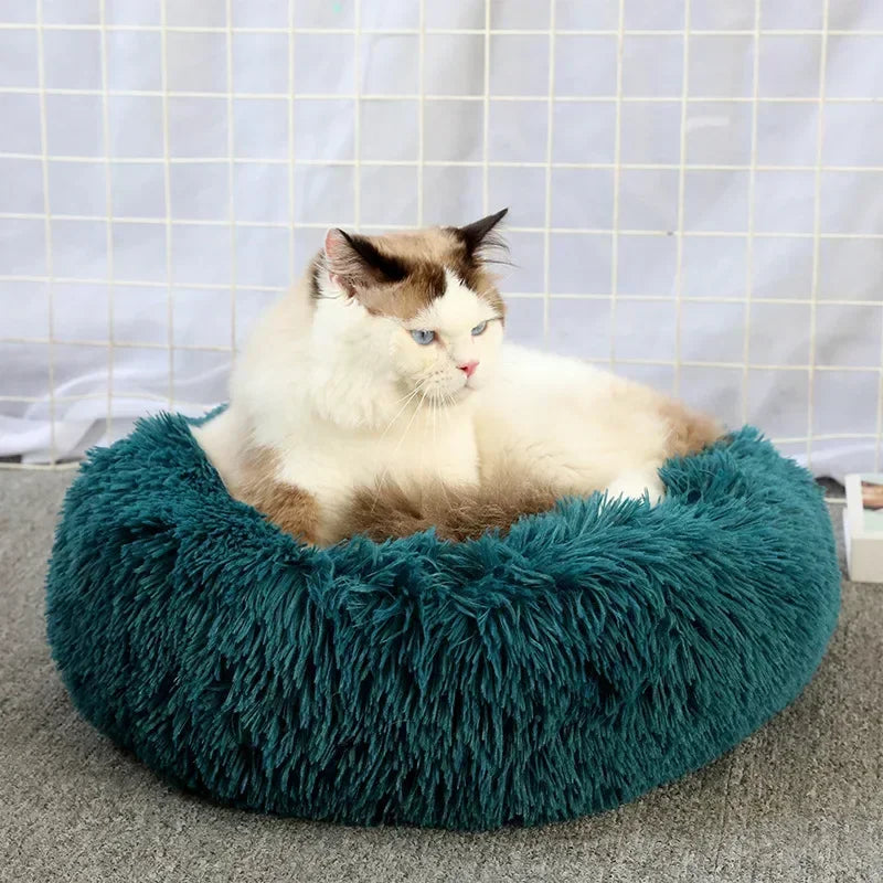 Cama para gatos de pelo largo ultrasuave, de felpa lavable, cama relajante tipo donut, cómoda y funcional.