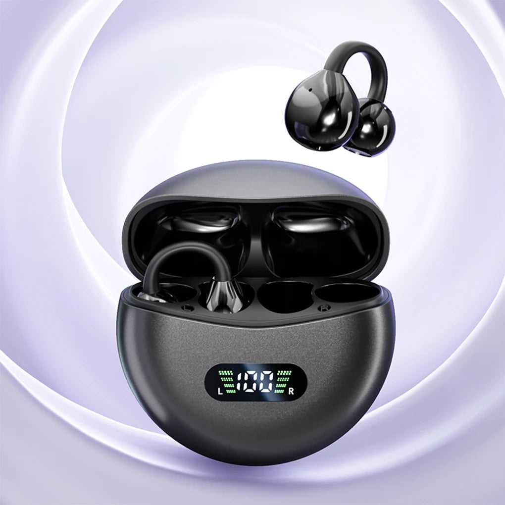Auriculares de conducción ósea Bluetooth 5.4, auriculares con clip para la oreja, cómodos, deportivos, con pantalla digital.