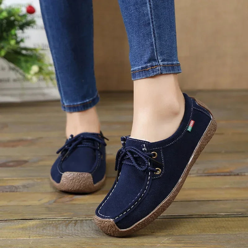 Zapatos casuales de mujer de nueva colección 2025: bailarinas de ante y piel, mocasines con cordones, zapatos de moda para mujer, tallas grandes 35-42.
