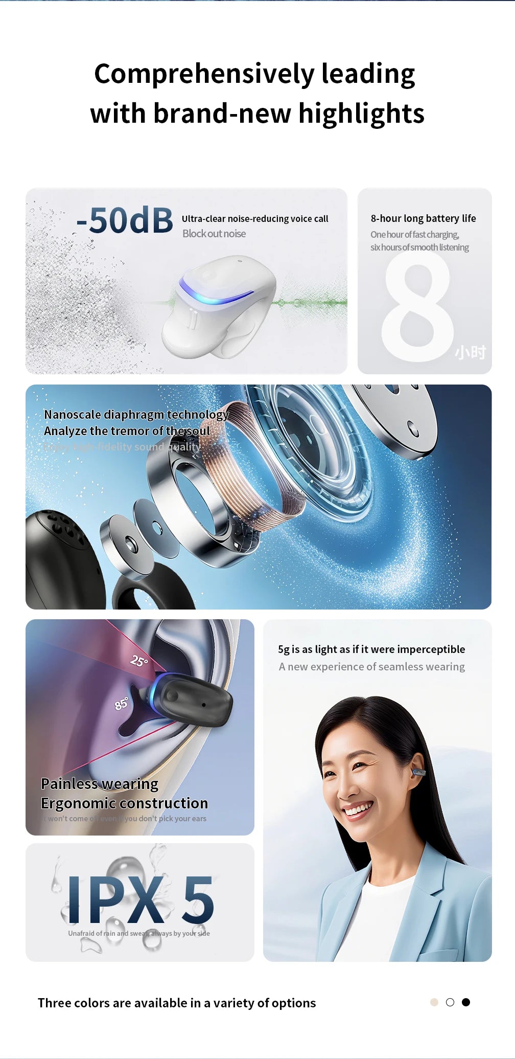 Auriculares inalámbricos Bluetooth de conducción ósea 5.3 con clip parlante, uso prolongado sin dolor, batería de muy larga duración