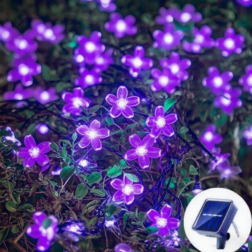 Guirnaldas de luces solares con forma de flores de cerezo para jardín, luces solares impermeables para exteriores, decoración navideña para césped y caminos.