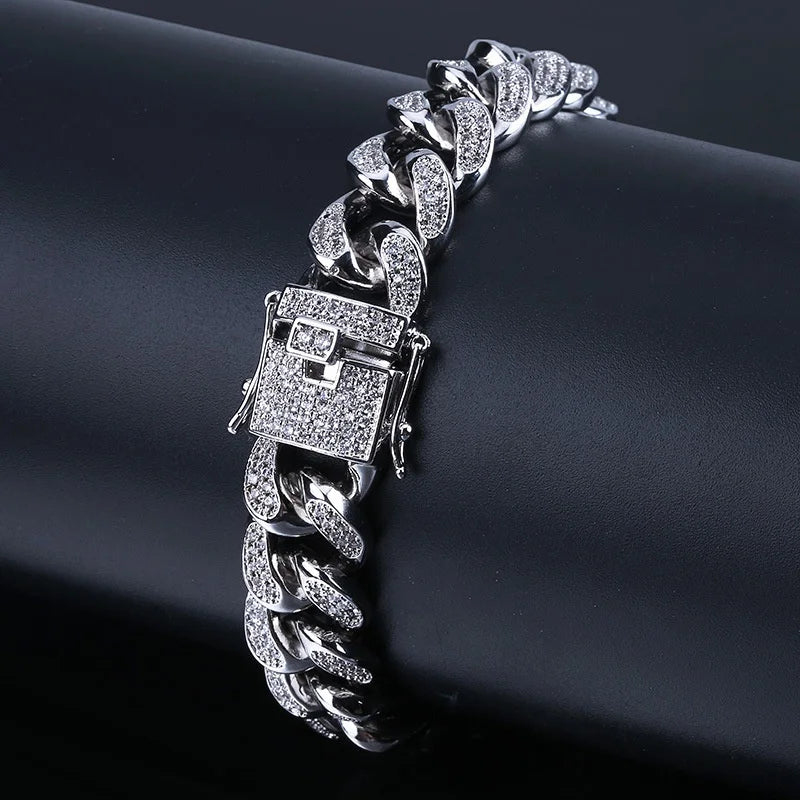 Pulsera de lujo con cadena cubana y diamantes de imitación para hombre, joyería hip-hop con cristales engastados, pulsera brillante de acero inoxidable, regalo