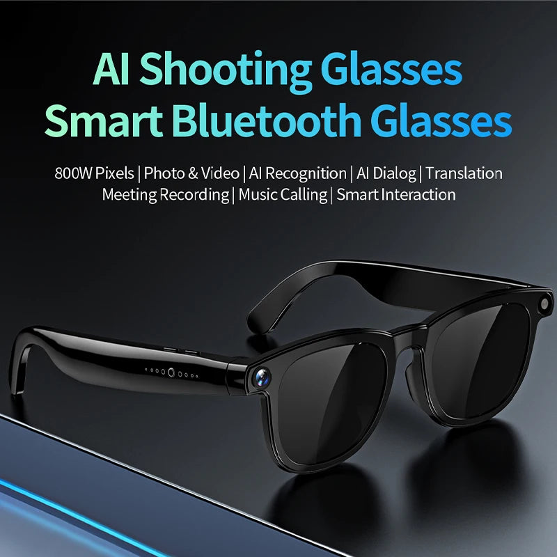 Gafas inteligentes con cámara de píxeles de 800 W, foto y vídeo, gafas de sol con IA, traducción de conversaciones, reuniones de oficina, música y reconocimiento de IA.